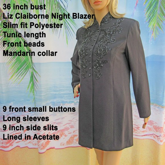Liz Claiborne Night tunic length beaded top blazer, 36 bust, Polyester, Lined - Picture 2 of 14
